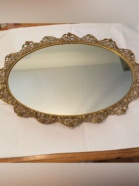 Vtg Gold Metal Mirror Oval Vanity Tray - Ornate Hollywood Regency Baroque 15x21